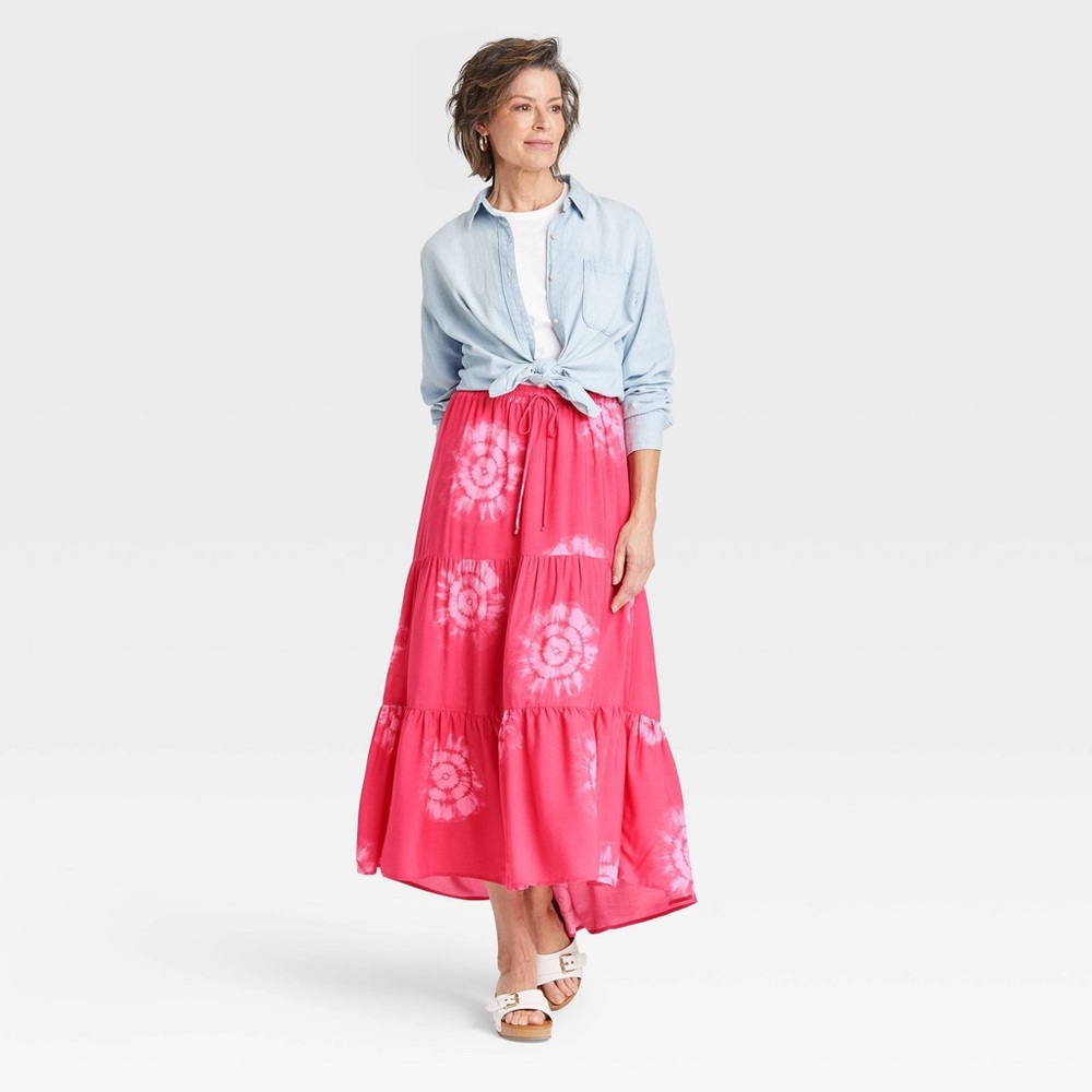 Knox Rose Pink Coral Tie Dye Maxi Skirt Elastic Waistband SzXS NWT Boho Western